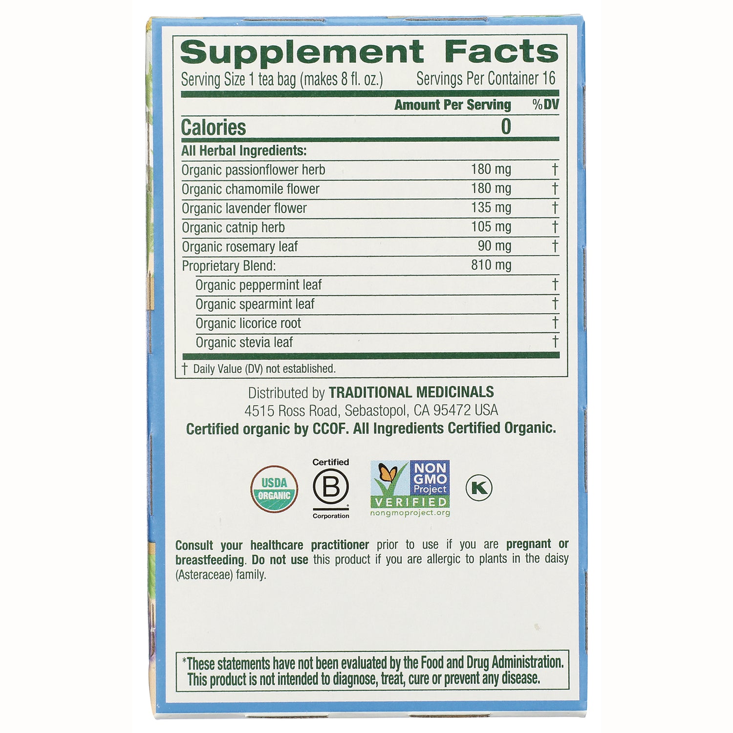 TMD015 | Back panel with Supplement Facts and organic ingredients list; 16 servings; USDA Organic and Non-GMO Project Verified logos