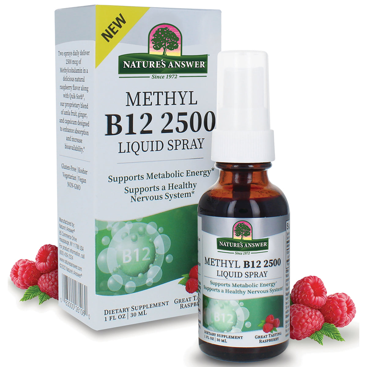 NAT417 | Nature's Answer Methyl B12 2500 liquid spray bottle and box with raspberries