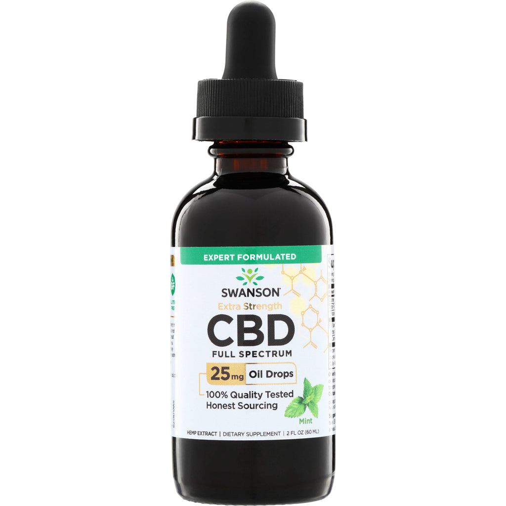 SWU1079 | Amber glass dropper bottle labeled Swanson Extra Strength CBD Full Spectrum 25 mg oil drops mint - Thumbnail