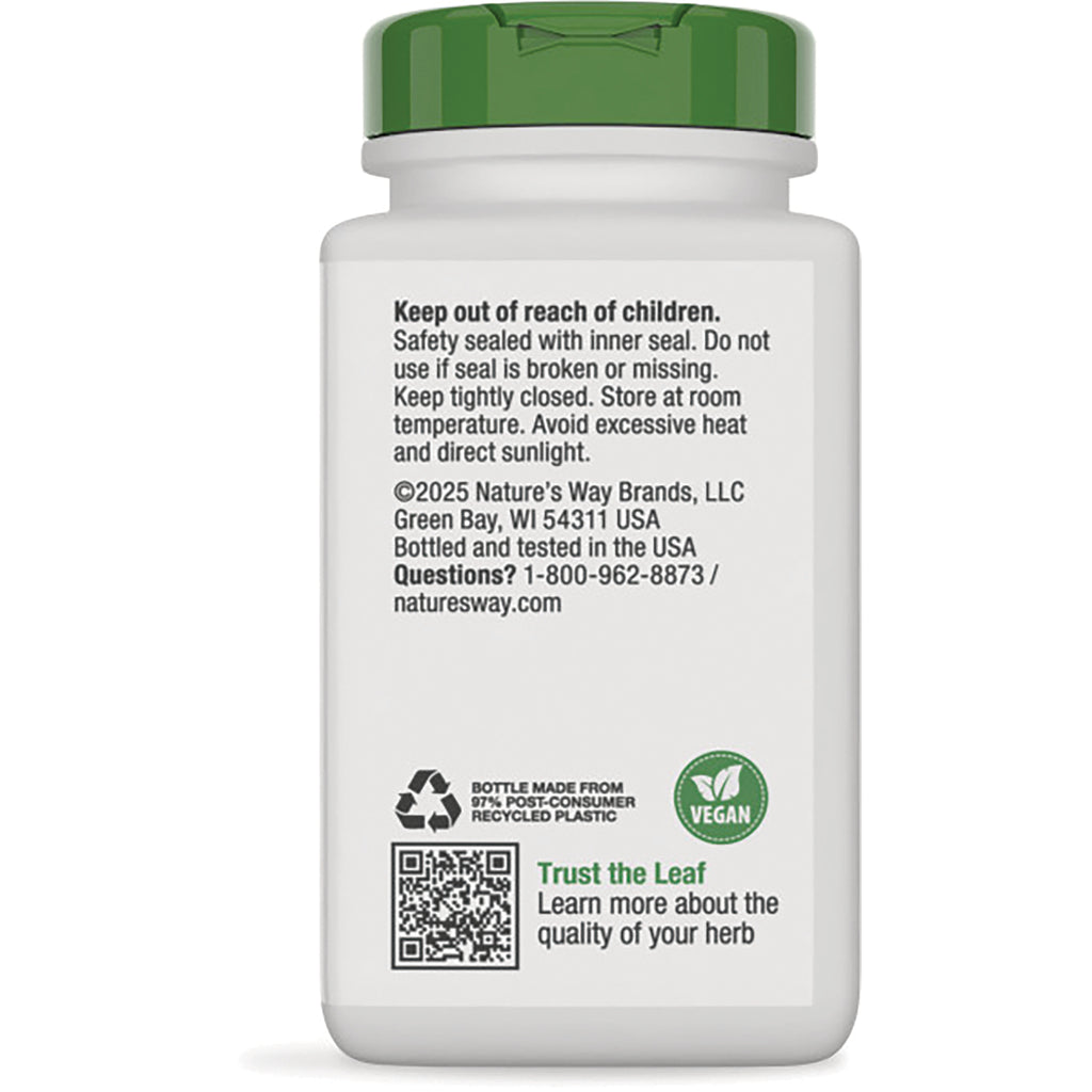 NW162 | Back of white supplement bottle with green cap showing safety warnings Keep out of reach of children company address recycling and vegan icons and QR code - Thumbnail