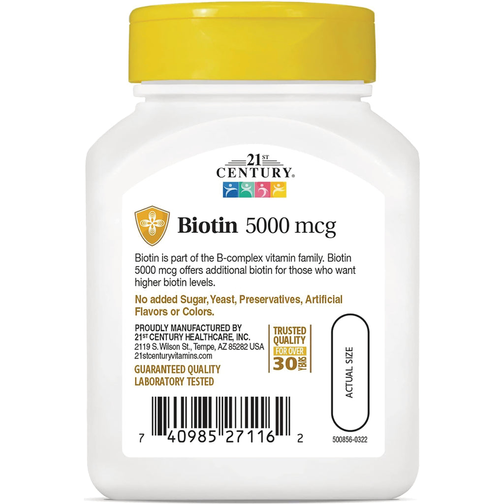 CNT015 | White supplement bottle label reading Biotin 5000 mcg with product claims, quality badge and barcode - Thumbnail