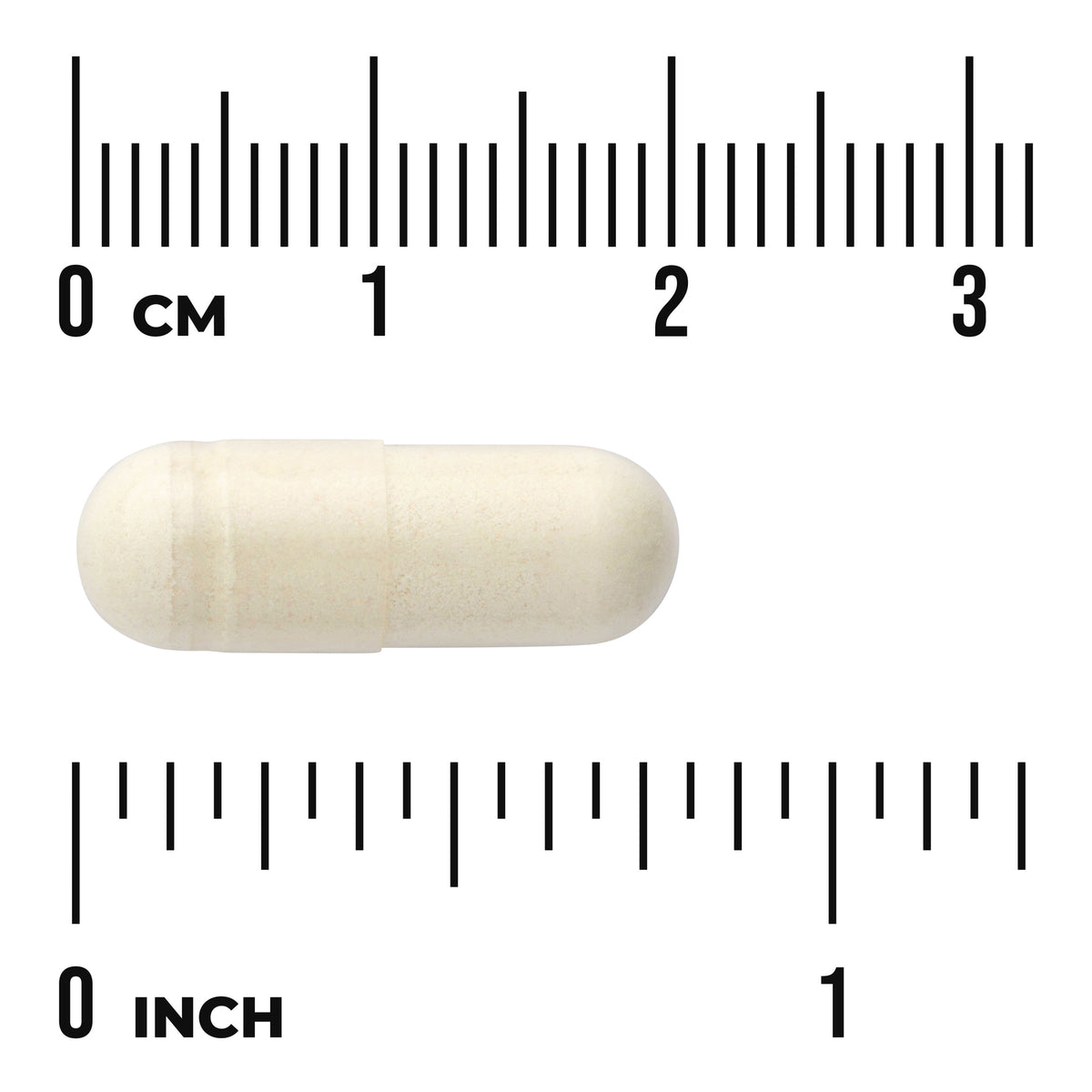 SWU375 | White capsule photographed on measurement rulers showing centimeters and inches