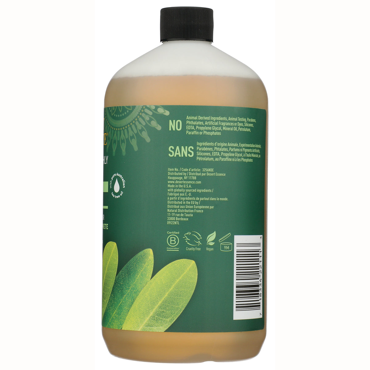Green bottle back label with ingredients text, barcode, certification icons and leaf graphics