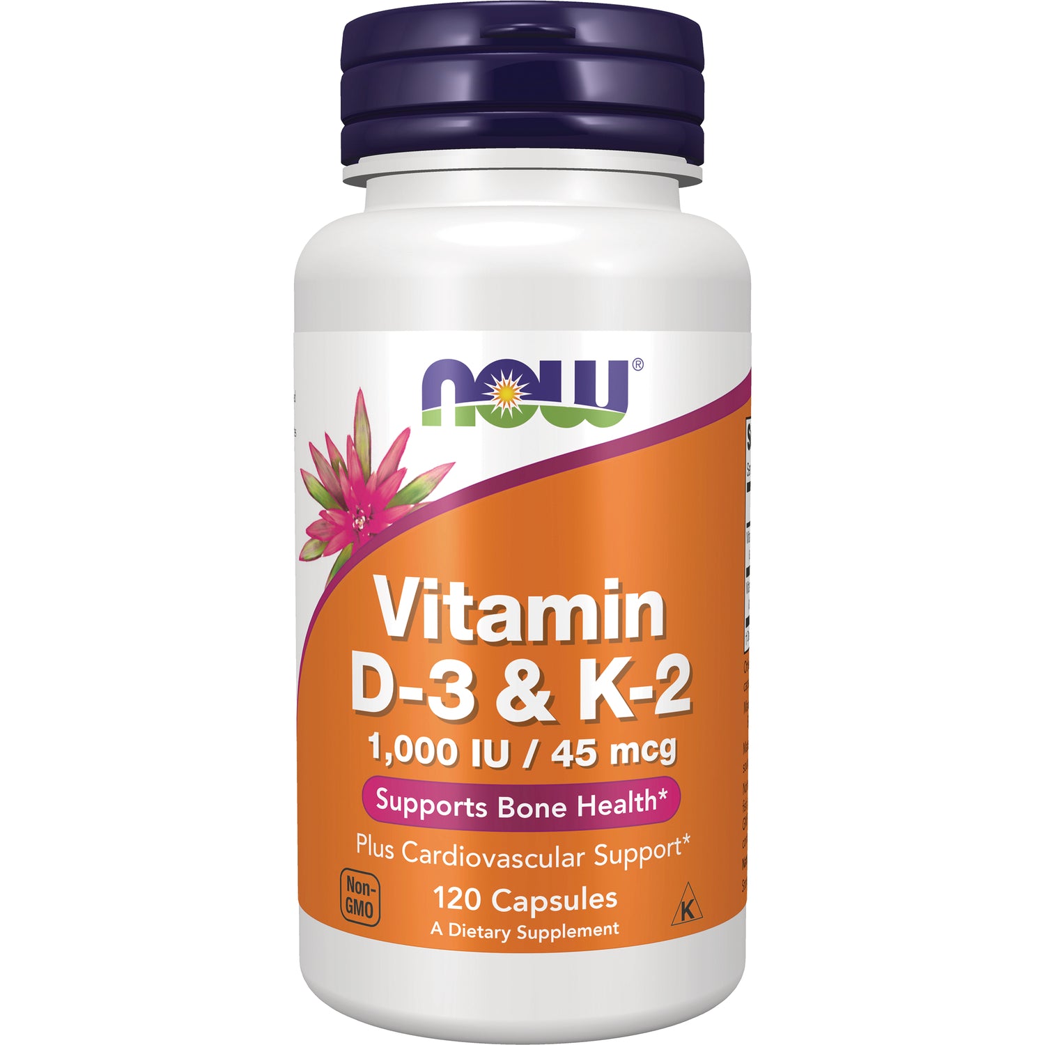 NWF581 | White bottle of NOW Vitamin D-3 & K-2, 1,000 IU/45 mcg, 120 capsules, supports bone health