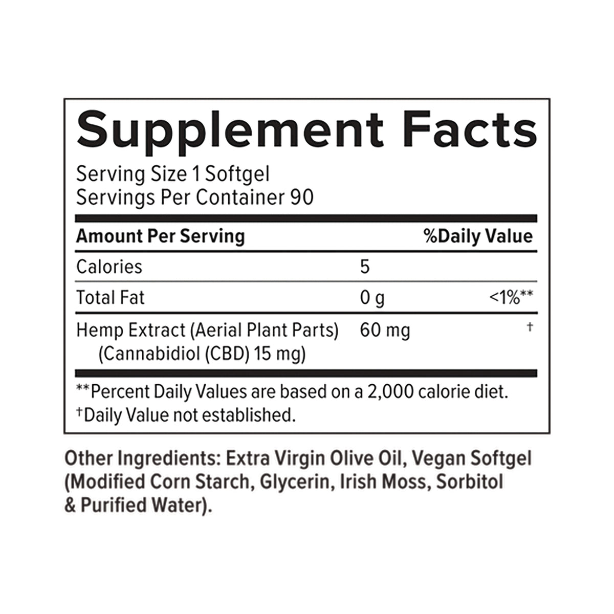 CV026 | Supplement facts label showing serving size 1 softgel, 90 servings, hemp extract 60 mg (CBD 15 mg) and other ingredients