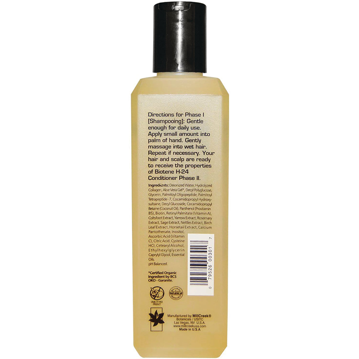MCB006 | Back of yellow shampoo bottle showing directions, ingredients text and barcode