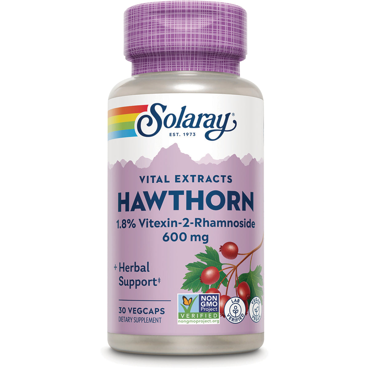 SLR359 | Solaray Hawthorn 600 mg dietary supplement bottle with purple label, 30 vegcaps