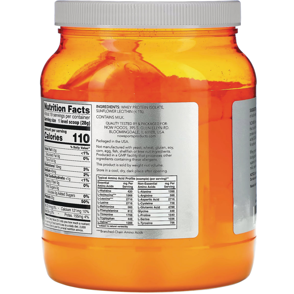 NWF916 | Back of orange supplement jar showing Nutrition Facts panel, ingredients and amino acid table