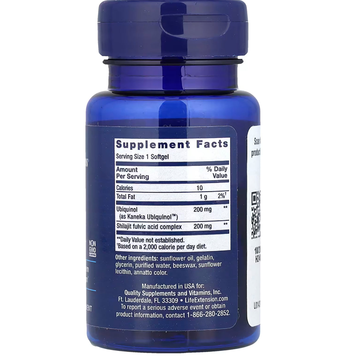 LE113 | Back of blue supplement bottle showing Supplement Facts panel, ingredient list, and manufacturer details