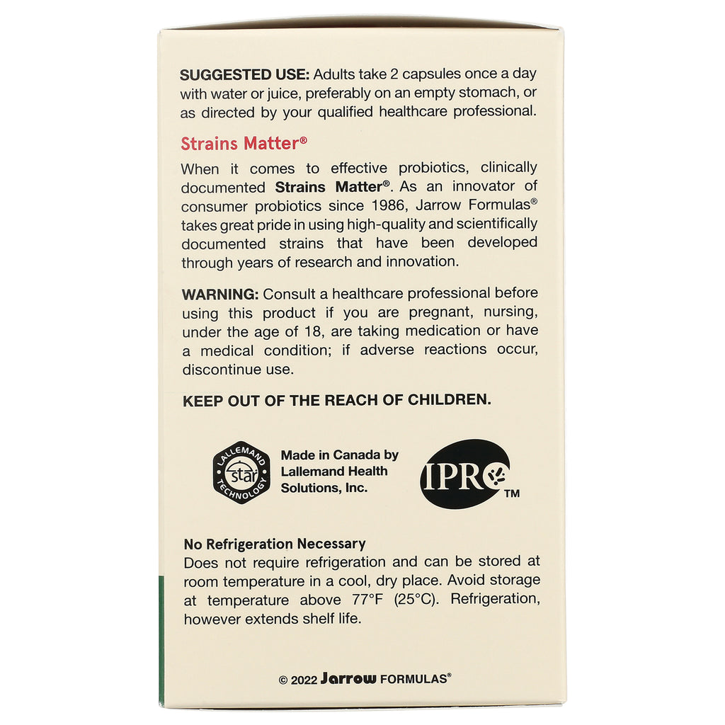 JR063 | Back of probiotic supplement box showing suggested use, warning, storage info and manufacturer logos - Thumbnail