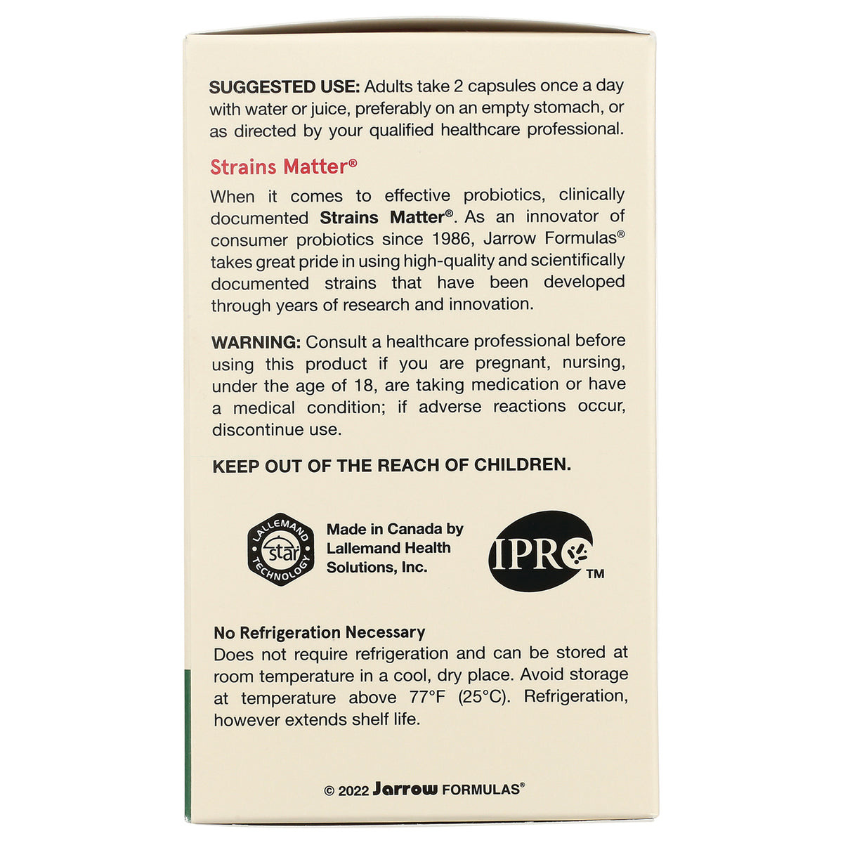 JR063 | Back of probiotic supplement box showing suggested use, warning, storage info and manufacturer logos