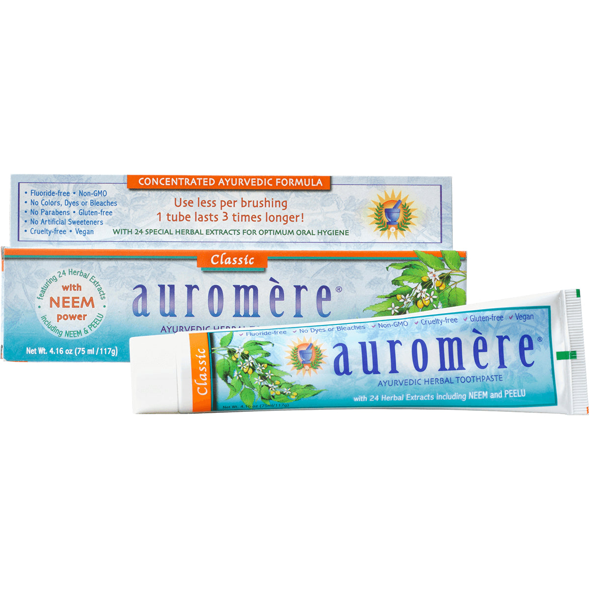 AUR005 | Auromre Classic Ayurvedic herbal toothpaste tube and box labeled NEEM power and 24 herbal extracts