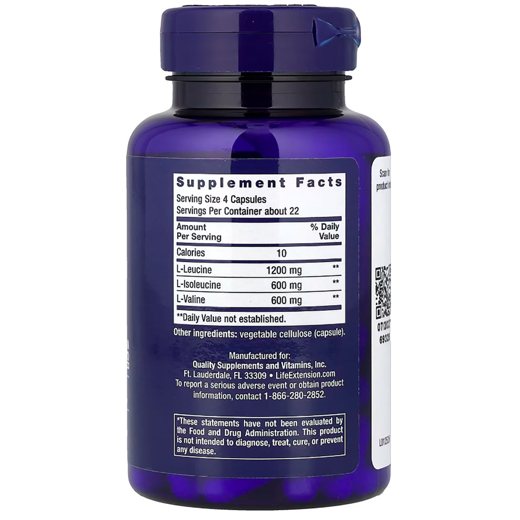 LE100 | back label showing Supplement Facts with serving size and L-Leucine 1200 mg, L-Isoleucine 600 mg, L-Valine 600 mg - Thumbnail