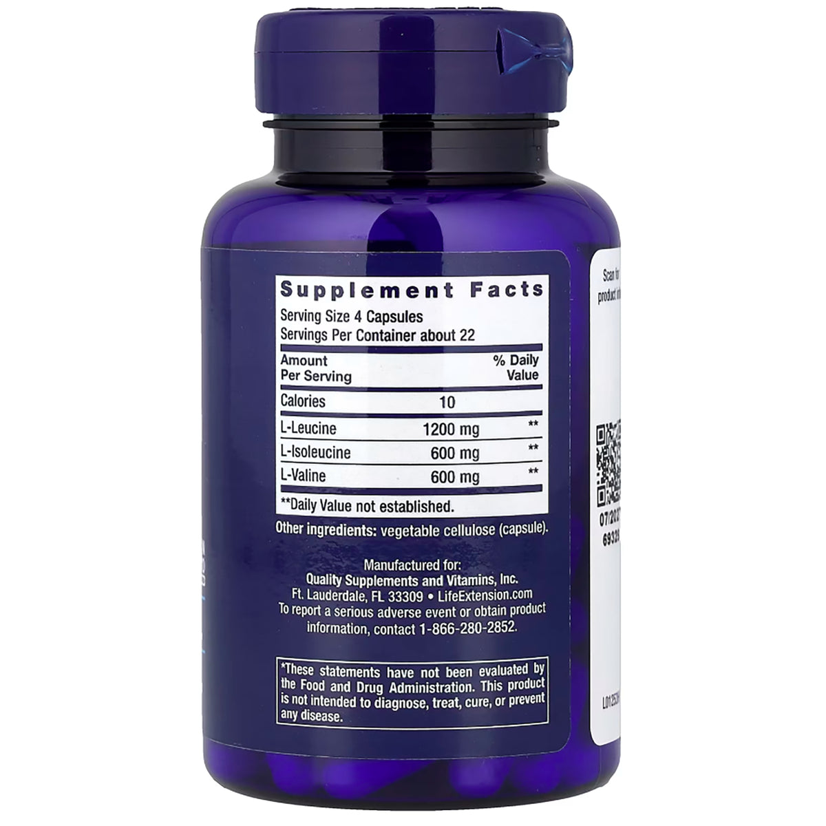 LE100 | back label showing Supplement Facts with serving size and L-Leucine 1200 mg, L-Isoleucine 600 mg, L-Valine 600 mg