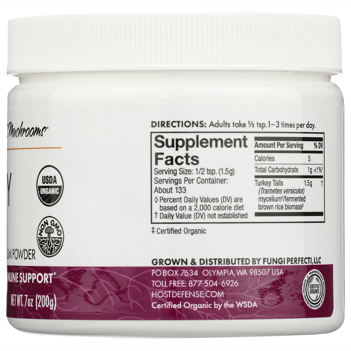 FUN050 | back label showing Supplement Facts panel, directions, USDA Organic and Non GMO seals, net wt 7 oz (200g)