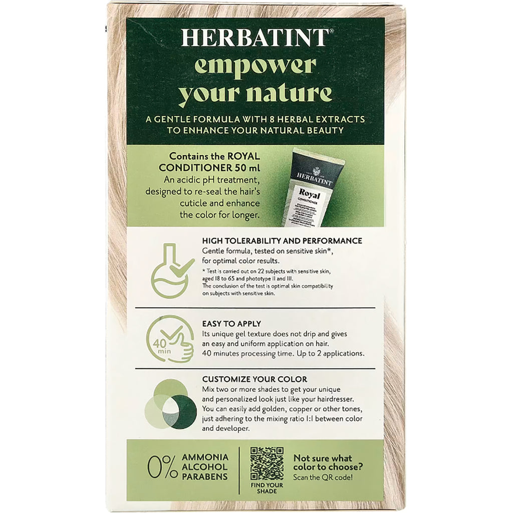 HBT013 | Back panel of Herbatint hair color box listing Royal conditioner 50 ml, high tolerability, easy to apply, customize color, 0% ammonia alcohol parabens - Thumbnail