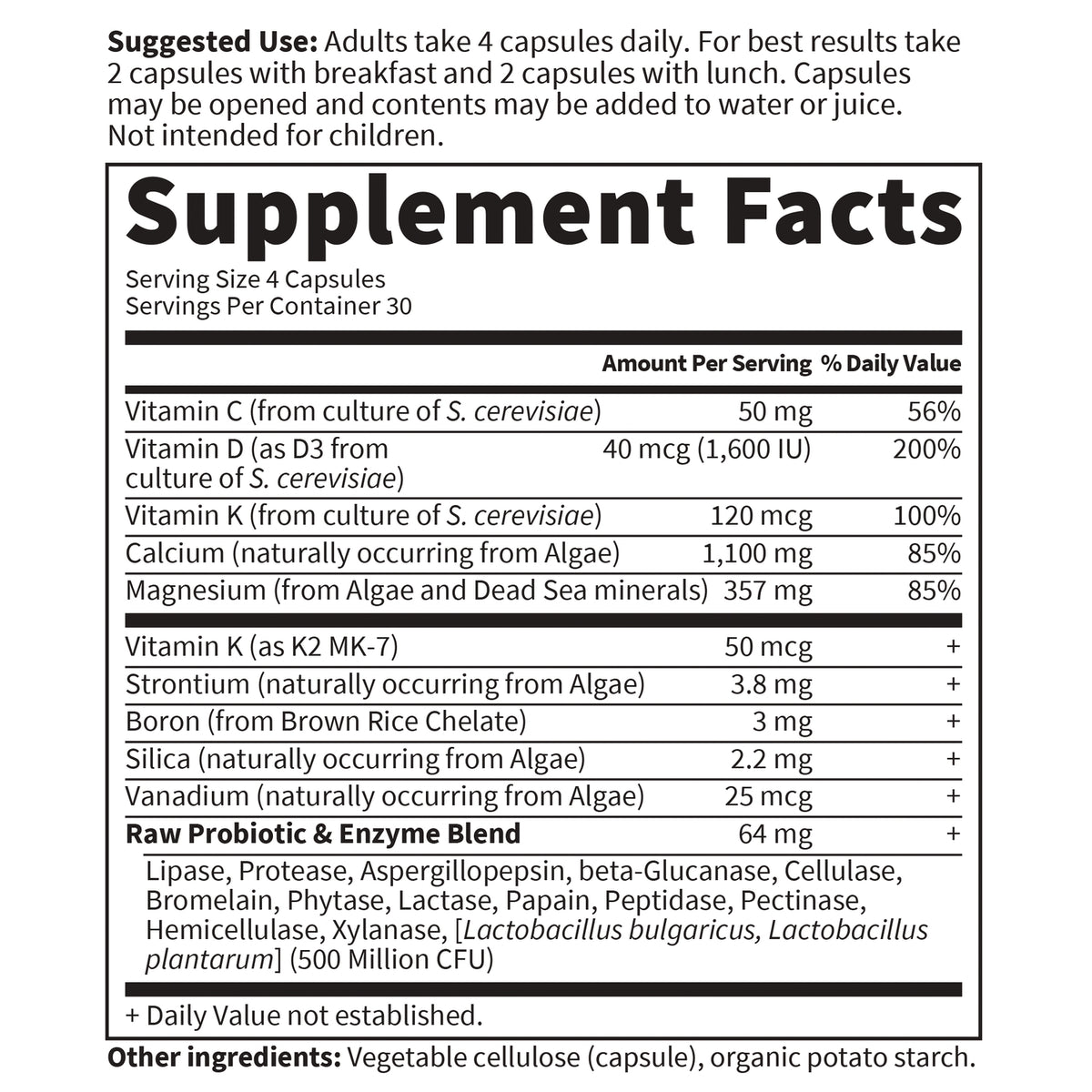 GLF064 | Supplement Facts panel listing vitamins, minerals, serving size 4 capsules and probiotic and enzyme blend