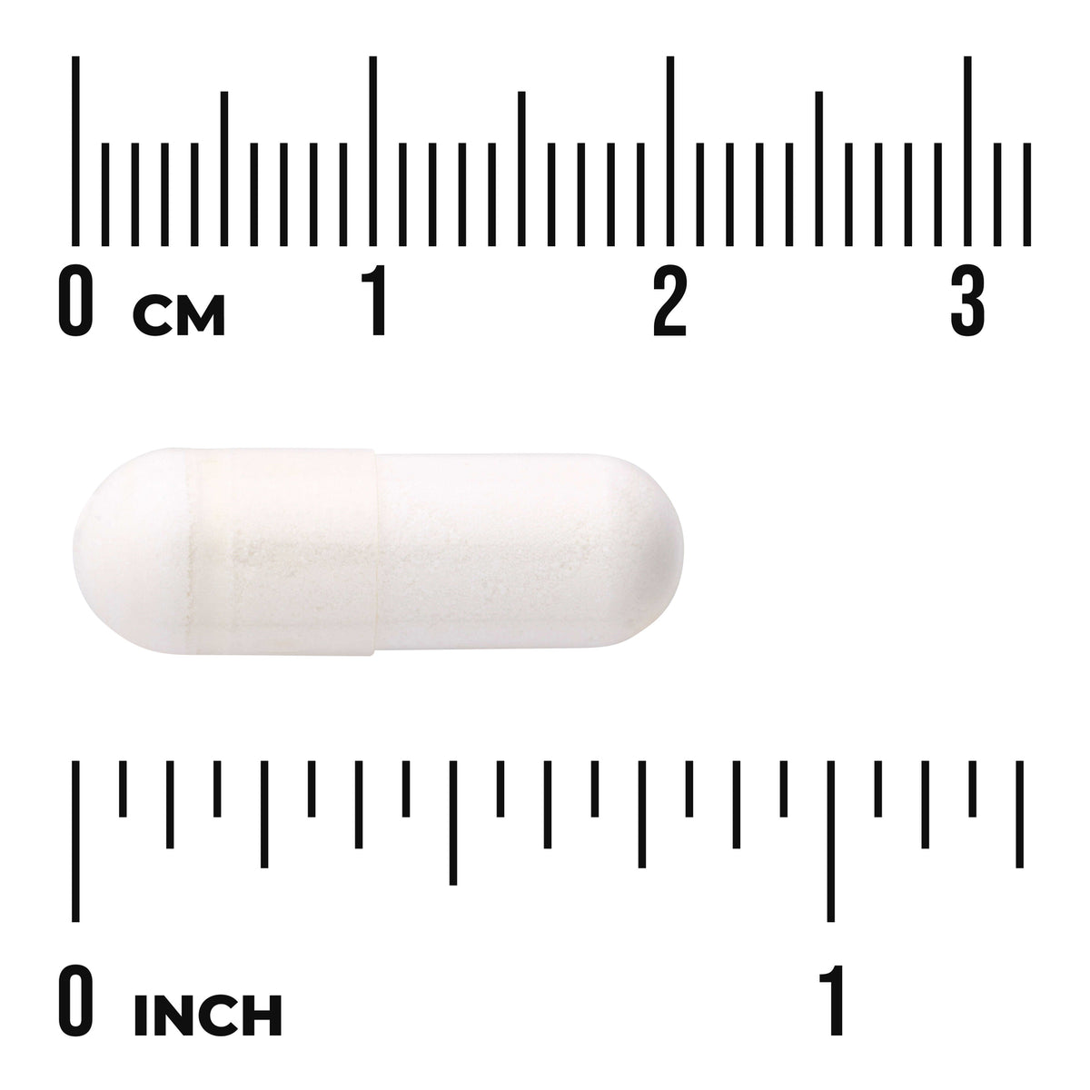 SWU913 | White two-piece capsule shown against centimeter and inch rulers with visible text "0 CM" and "0 INCH"