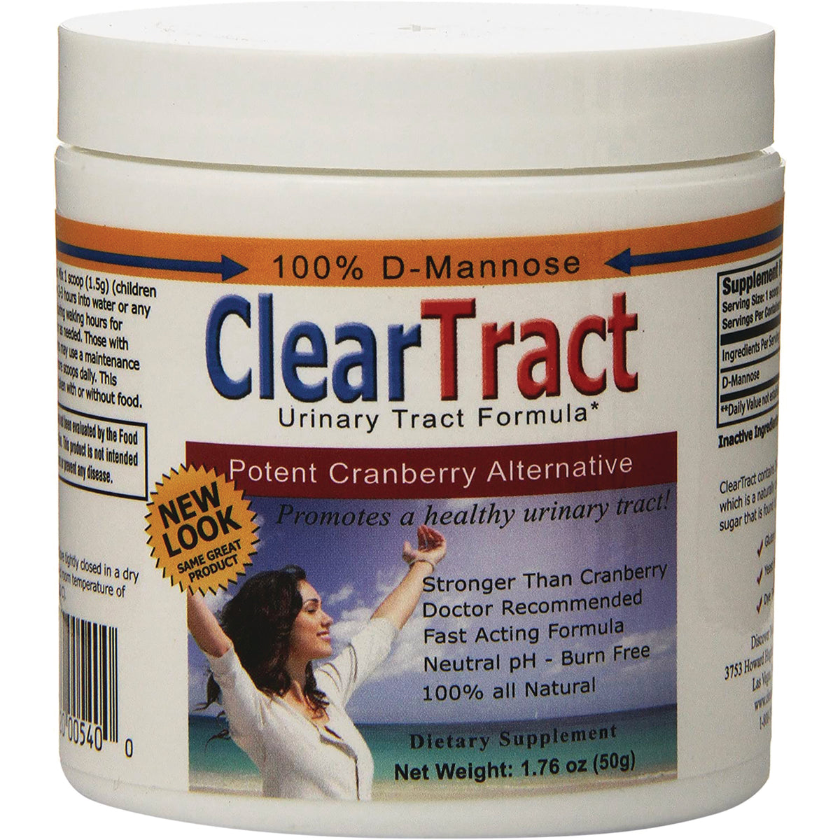 CLE002 | White jar front showing ClearTract urinary tract formula label 100% D-Mannose and woman with arms raised