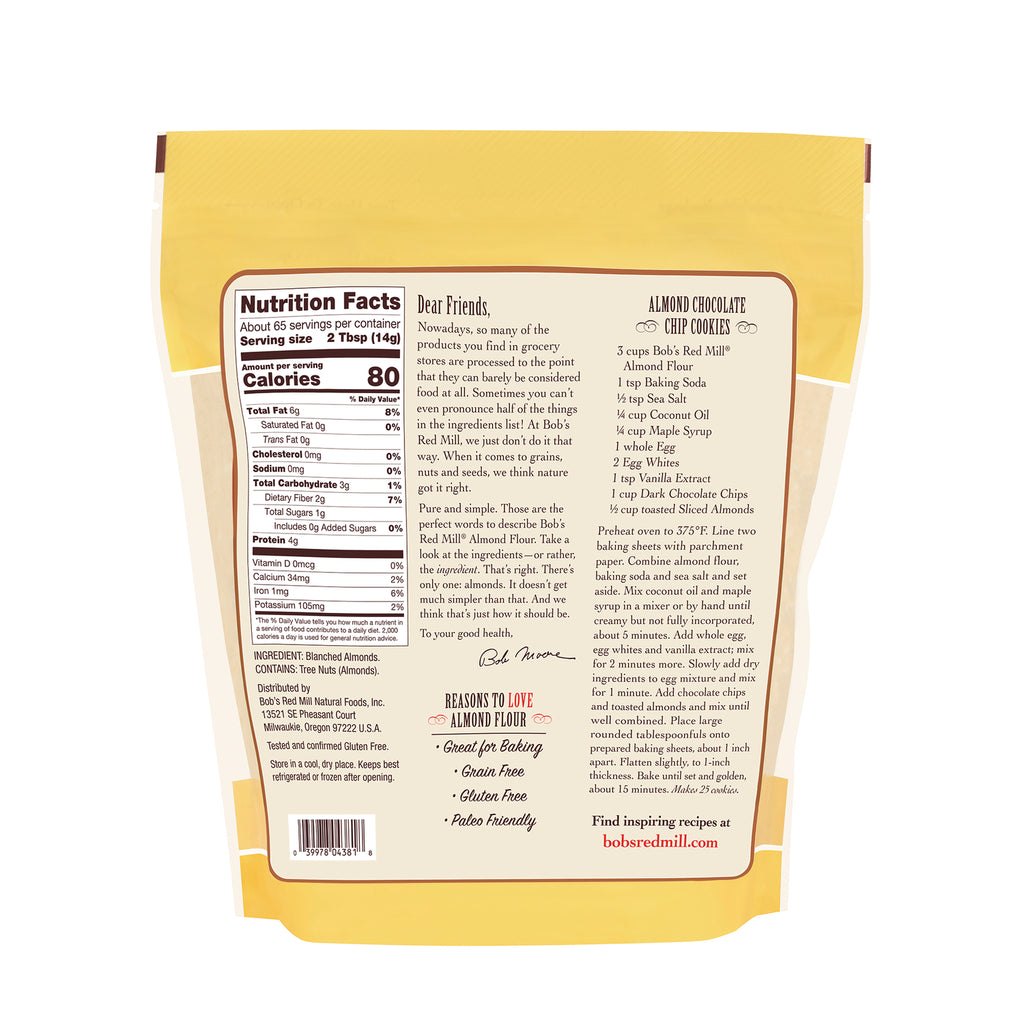 BOB474 | Back of almond flour bag showing Nutrition Facts, ingredient list and Almond Chocolate Chip Cookies recipe - Thumbnail