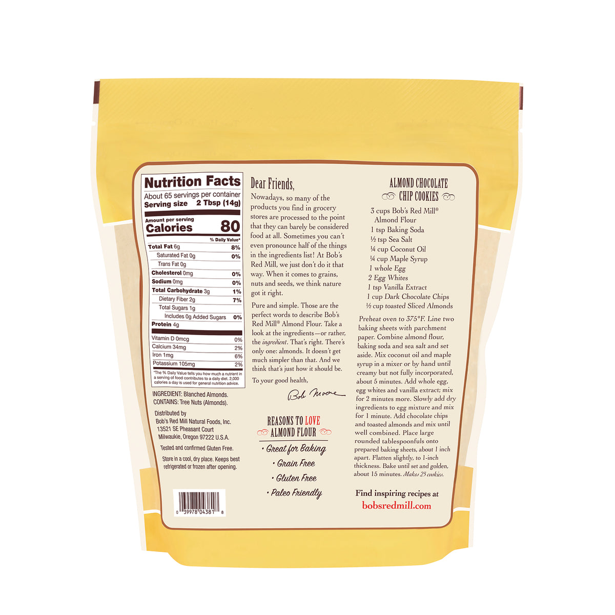 BOB474 | Back of almond flour bag showing Nutrition Facts, ingredient list and Almond Chocolate Chip Cookies recipe