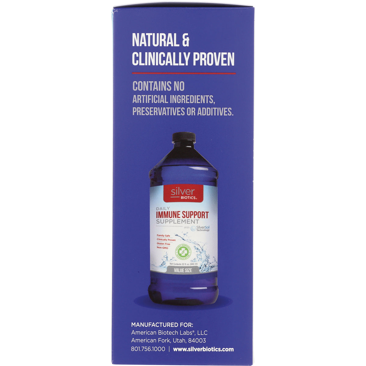 ABL006 | Back panel with bottle and text 'Natural & Clinically Proven' and 'Contains no artificial ingredients, preservatives or additives'