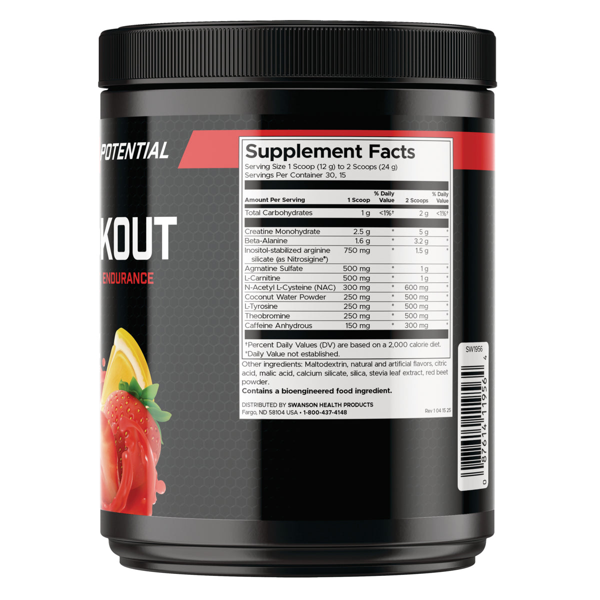 SW1956 | Back of supplement tub showing Supplement Facts panel, ingredients, and barcode