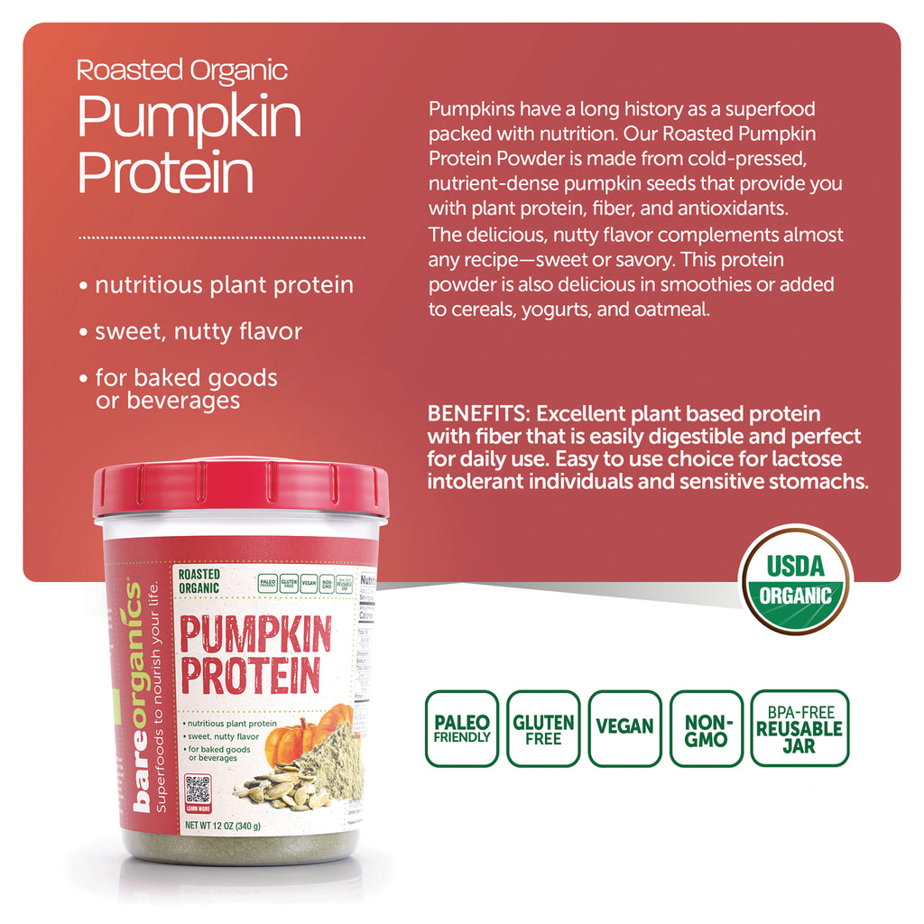 BOR068 | infographic panel showing roasted organic Pumpkin Protein powder tub, benefits text and certification icons including USDA ORGANIC - Thumbnail