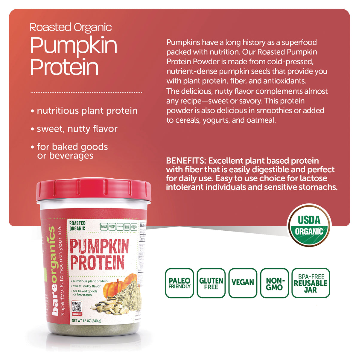 BOR068 | infographic panel showing roasted organic Pumpkin Protein powder tub, benefits text and certification icons including USDA ORGANIC