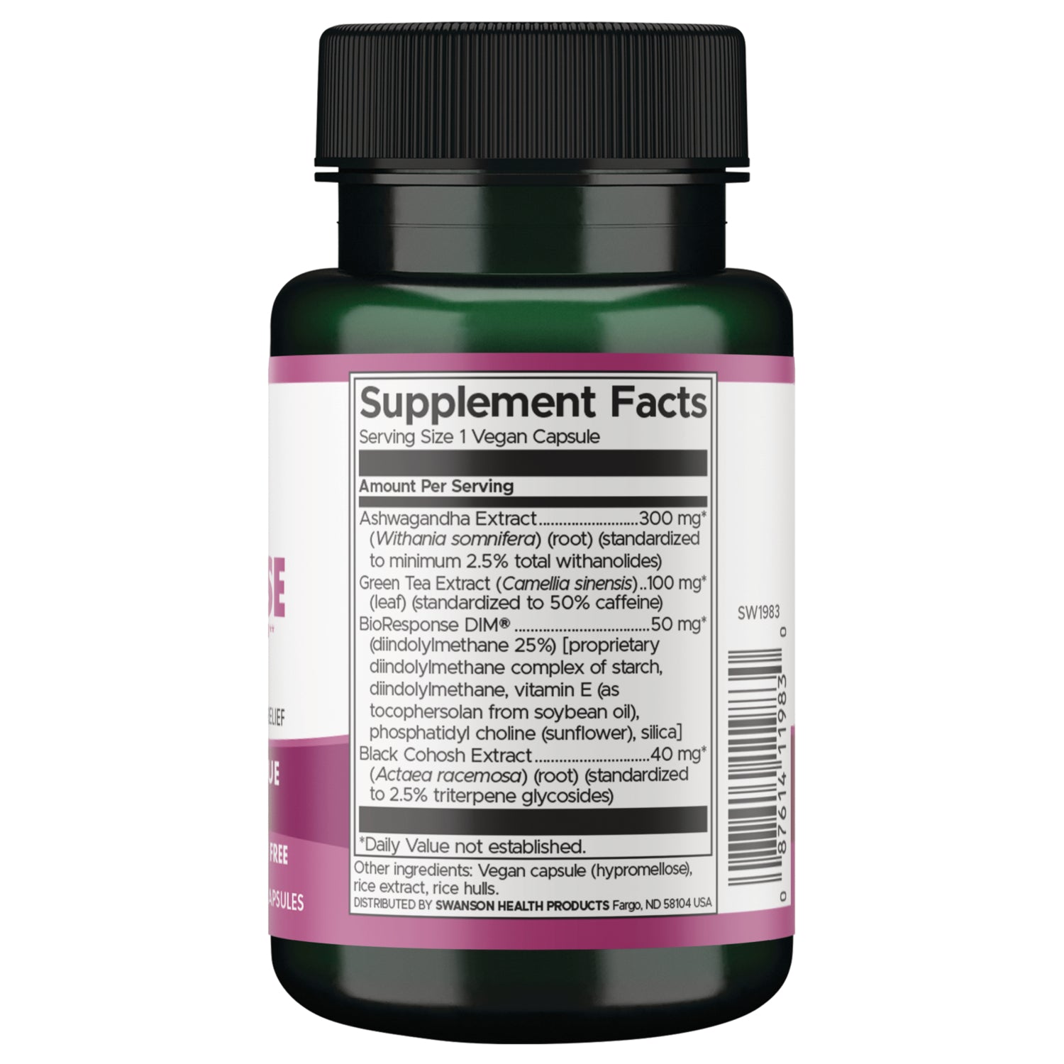 SW1983 | Supplement Facts panel: Serving Size 1 vegan capsule; lists Ashwagandha 300 mg, Green Tea 100 mg and DIM 50 mg