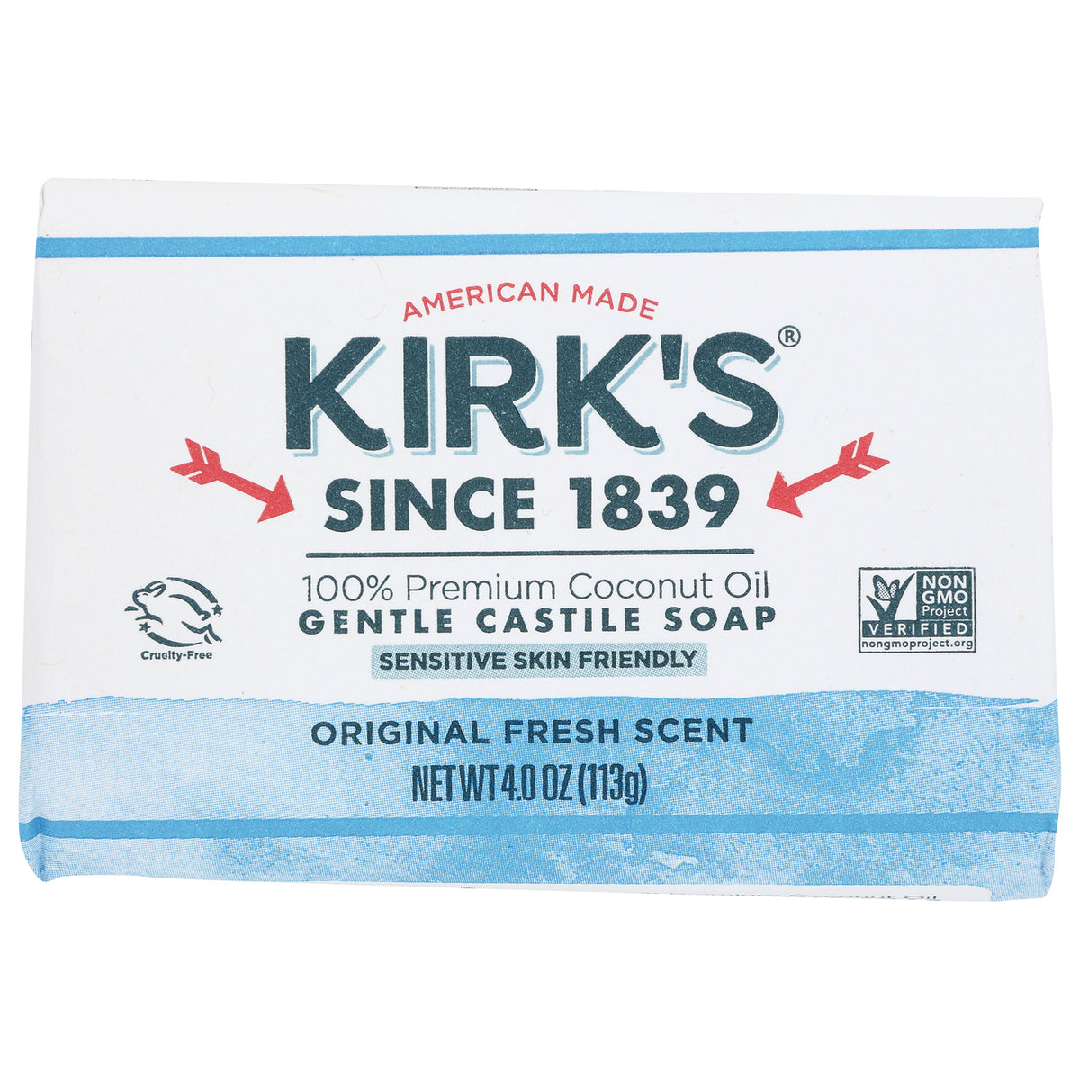 KIR001 | Kirk's gentle castile soap bar packaging, 100% premium coconut oil, original fresh scent, net wt 4.0 oz