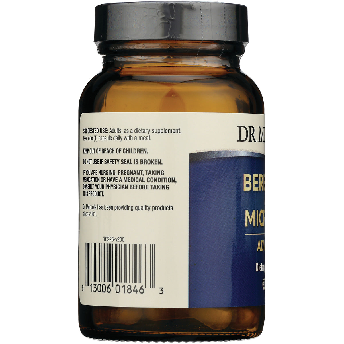 MRC093 | Back of amber supplement bottle showing warning text, suggested use and barcode