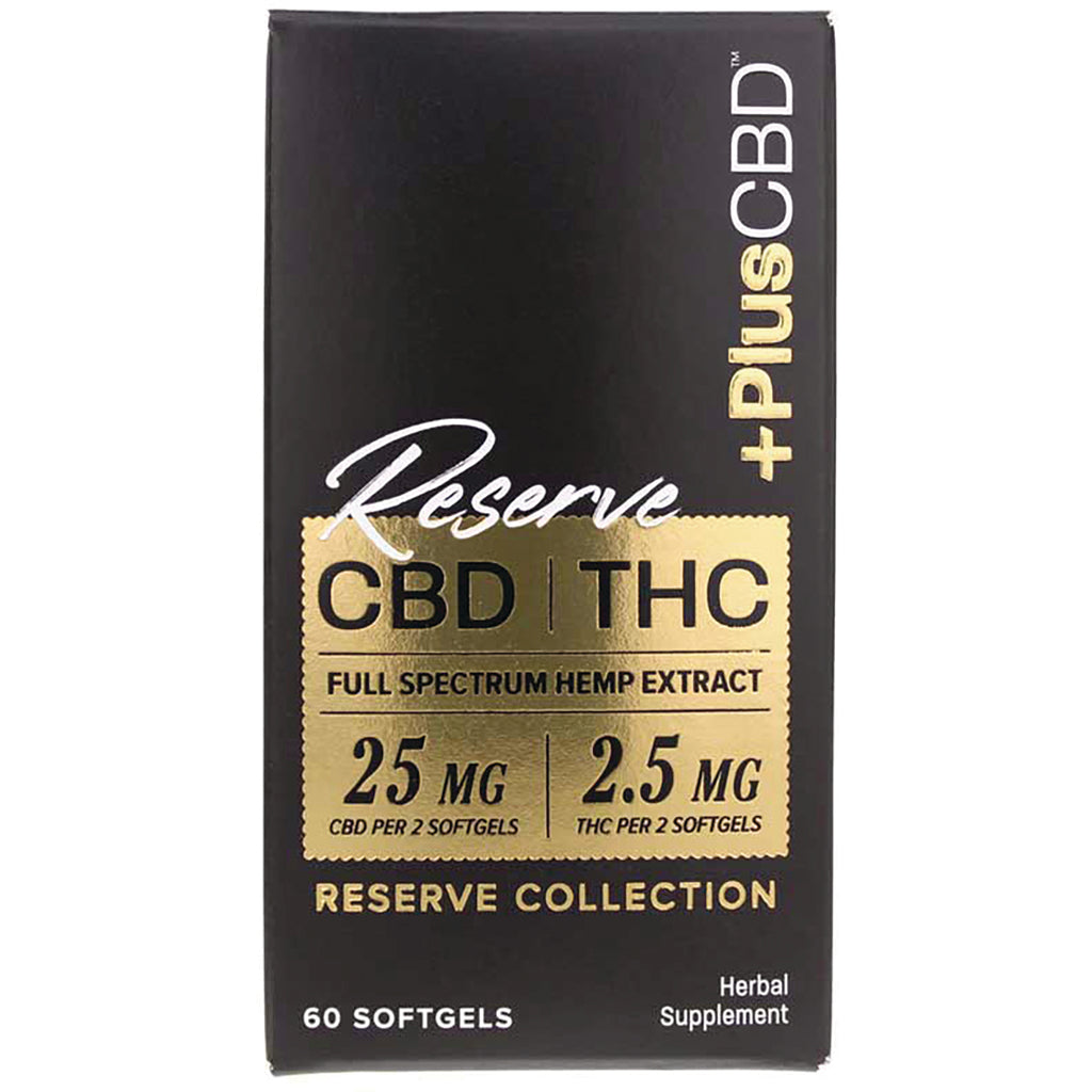 CV042 | black and gold Reserve CBD THC box labeled Reserve Collection, 60 softgels, 25 mg CBD per 2 softgels - Thumbnail
