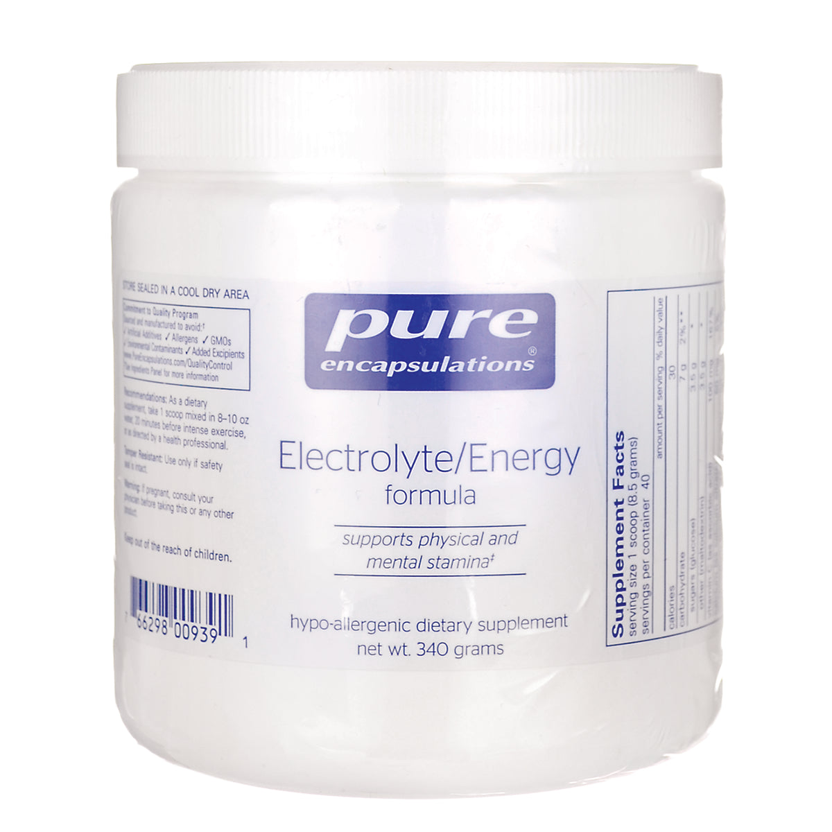 PRN136 | White jar of Pure Encapsulations Electrolyte/Energy formula front label, hypo-allergenic supplement 340 grams