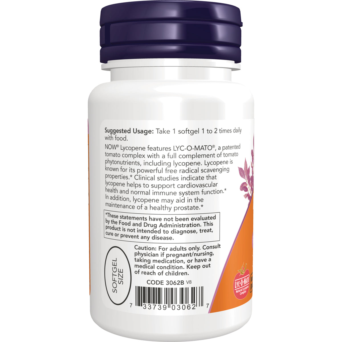 NWF619 | Back label of white supplement bottle showing suggested usage, caution, barcode, softgel size oval and partial floral design
