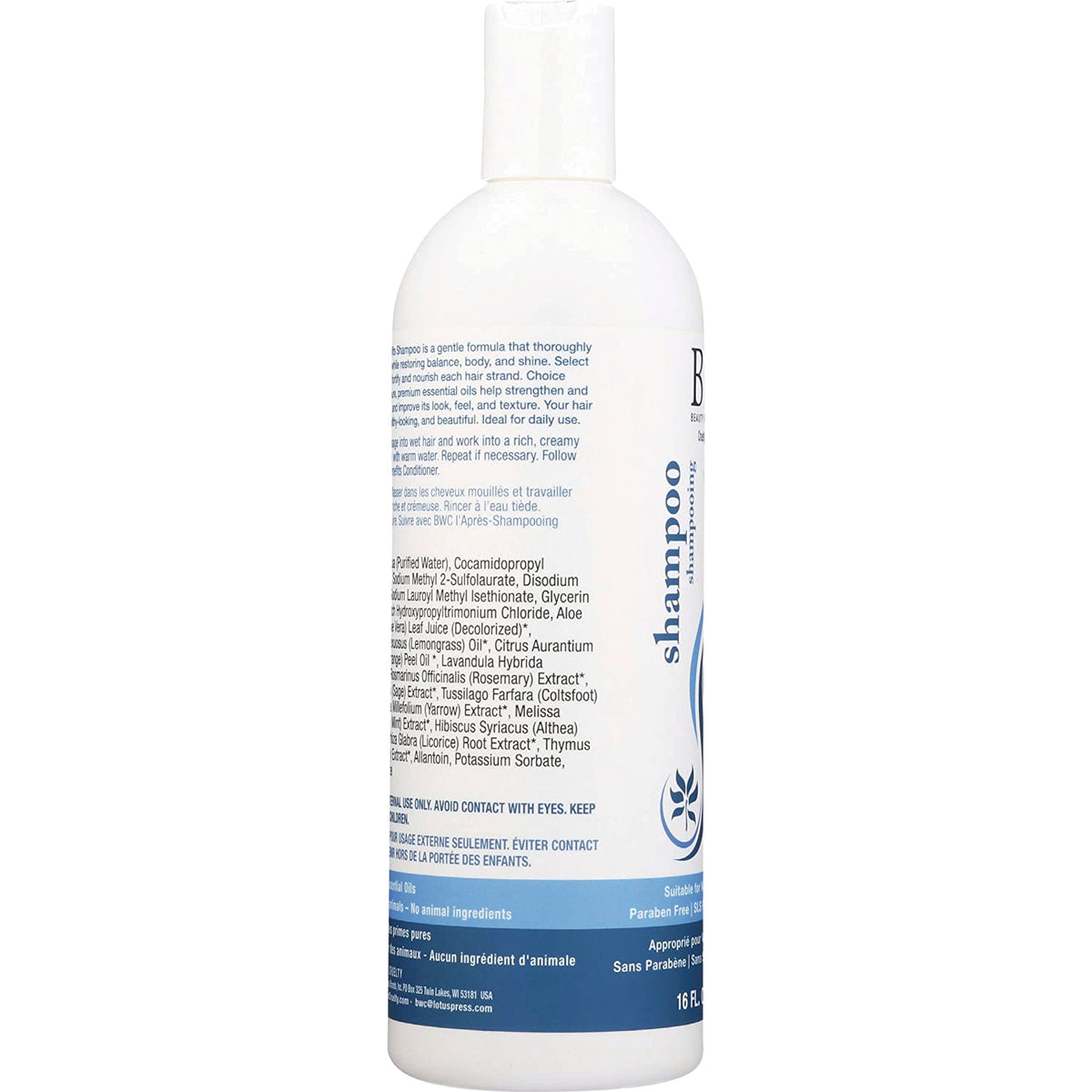 BWC090 | Back of white shampoo bottle showing ingredient list and blue label with shampoo text