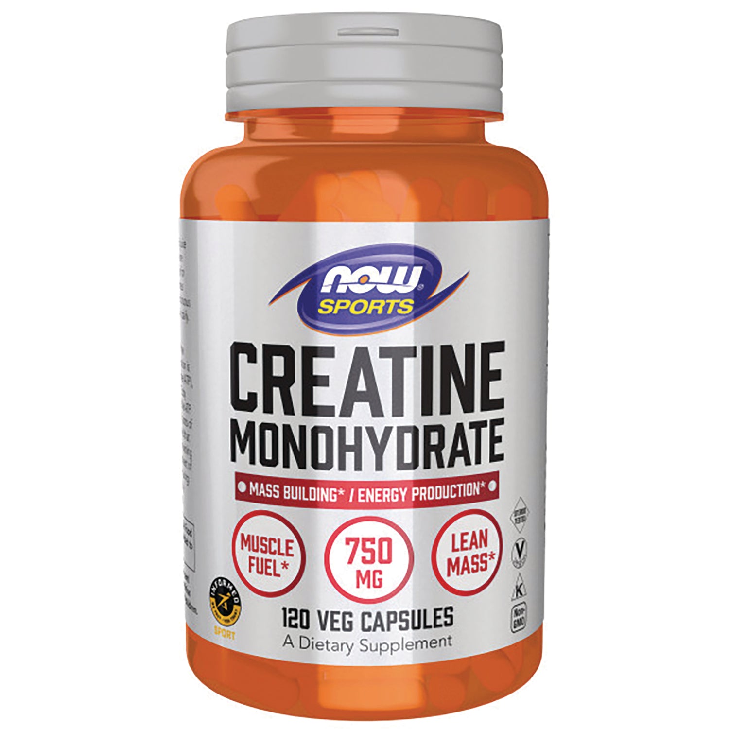 NWF873 | NOW Sports Creatine Monohydrate 750 MG bottle, 120 veg capsules