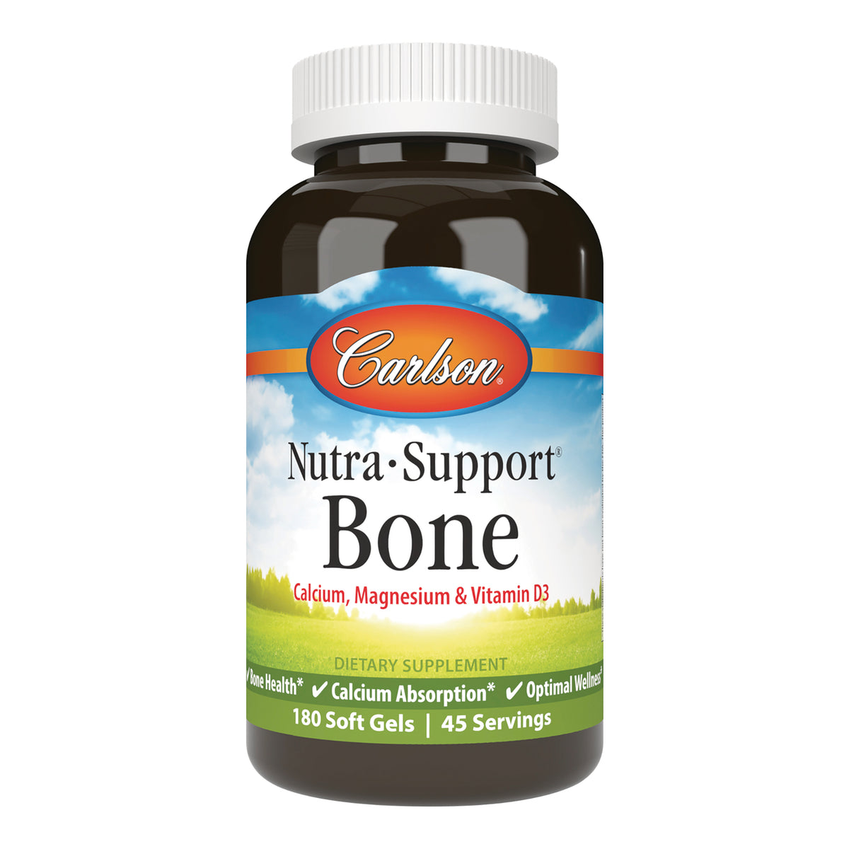 CSN337 | Carlson Nutra-Support Bone bottle with white cap, Calcium Magnesium & Vitamin D3 label, 180 soft gels