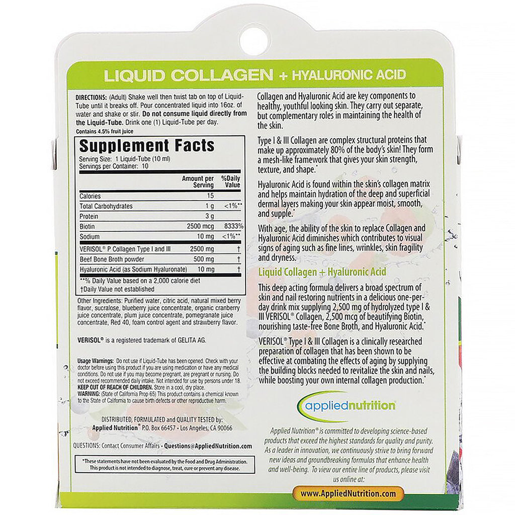 APT014 | Back panel showing Supplement Facts and product information for Liquid Collagen + Hyaluronic Acid - Thumbnail