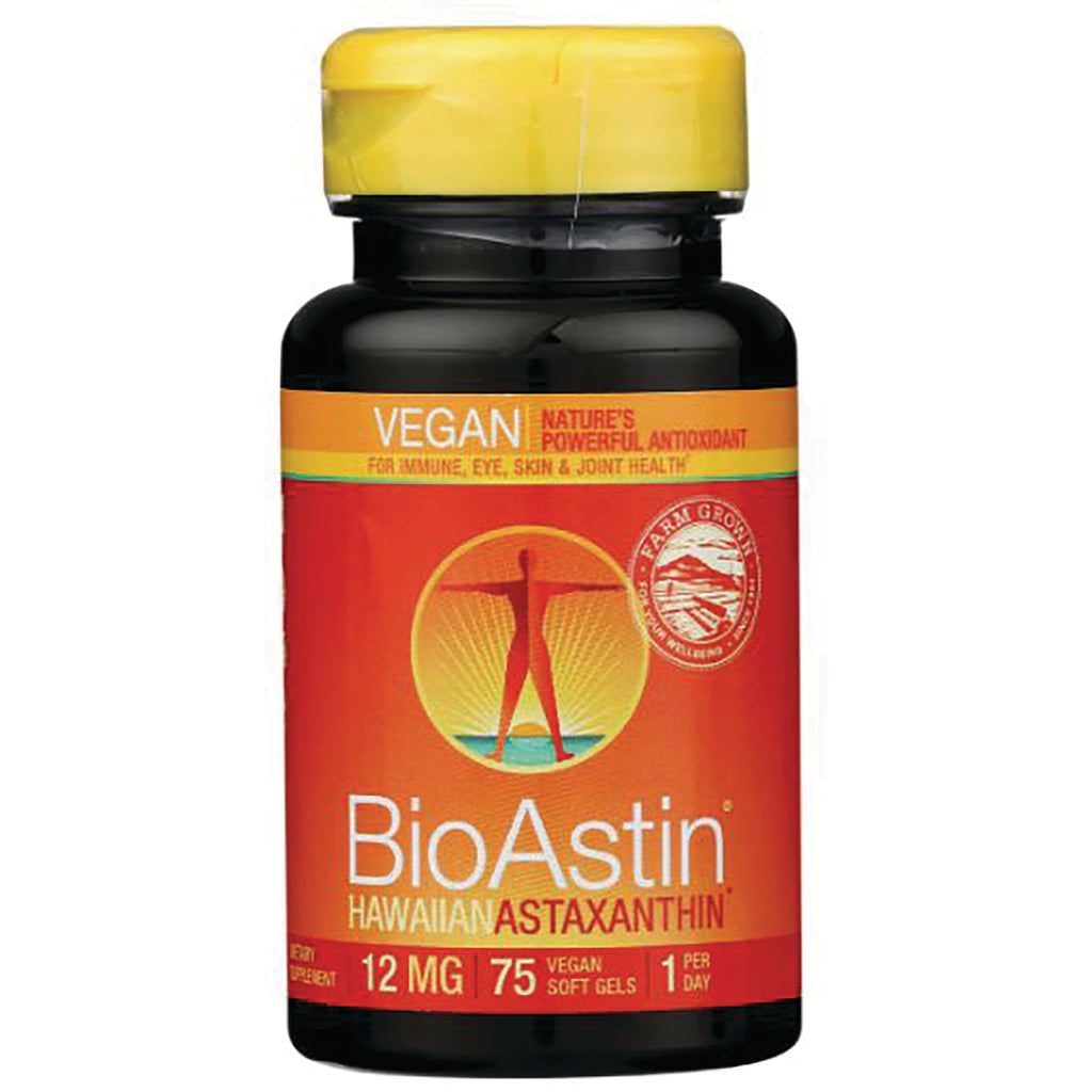 NUT026 | BioAstin Hawaiian Astaxanthin bottle, vegan 12 mg, 75 softgels front label - Thumbnail