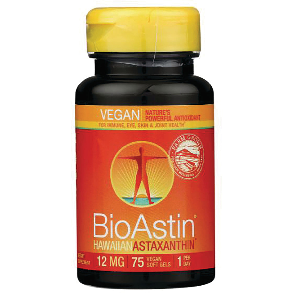 NUT026 | BioAstin Hawaiian Astaxanthin bottle, vegan 12 mg, 75 softgels front label