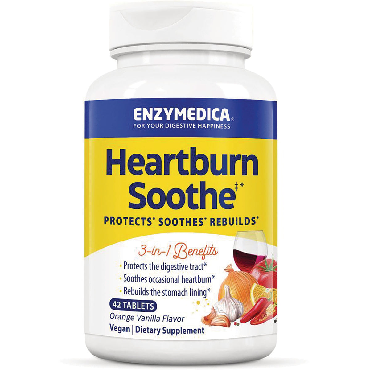 EMD064 | Enzymedica Heartburn Soothe bottle, 42 tablets, orange vanilla flavor vegan dietary supplement