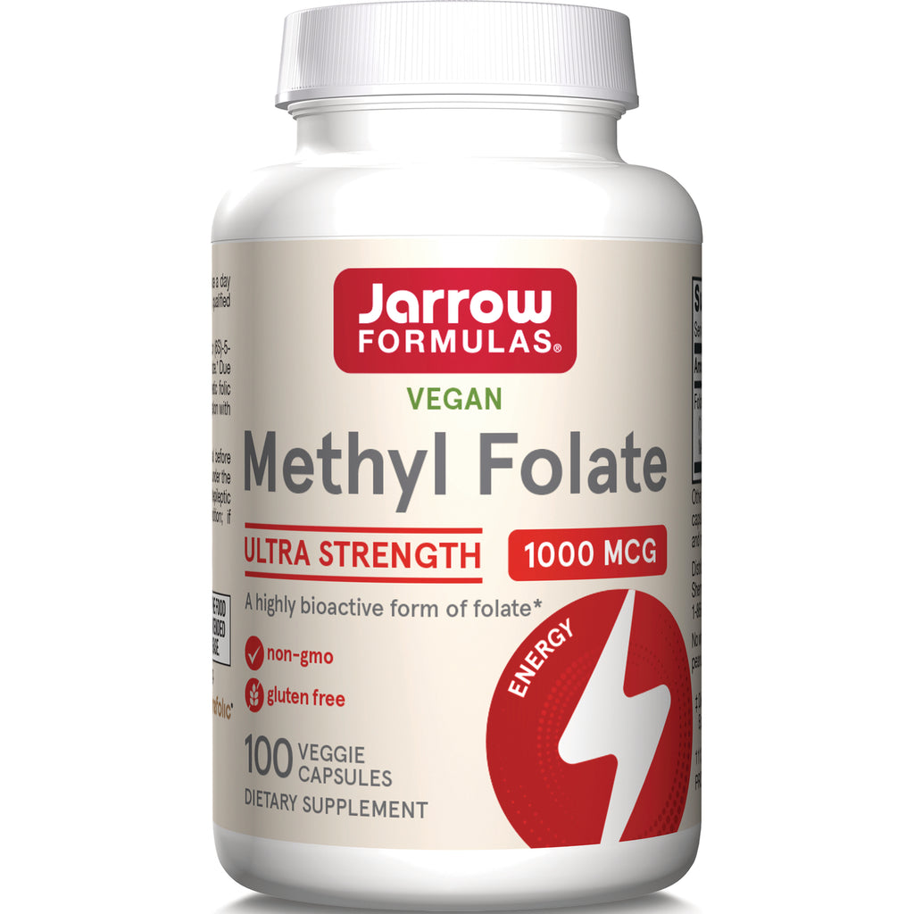 Jarrow FORMULAS Vegan Methyl Folate 1000 MCG bottle front label showing Ultra Strength and 100 veggie capsules - Thumbnail