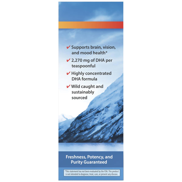 CSN263 | back panel listing DHA benefits, concentration, and sustainable sourcing with mountain artwork - Thumbnail