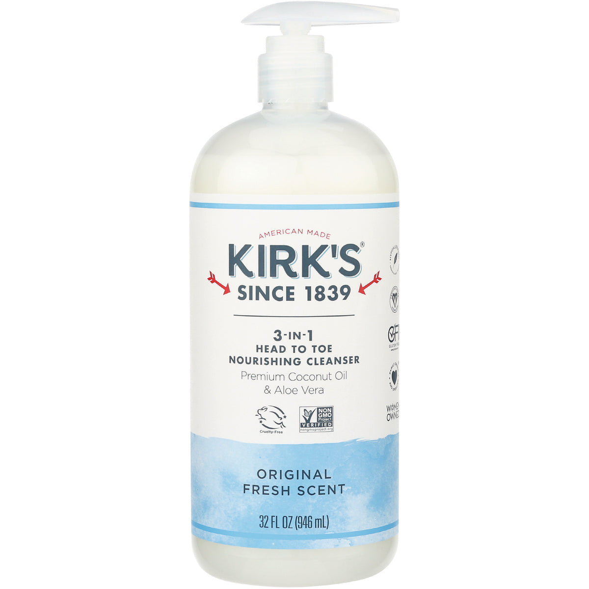 KIR017 | Kirk's 3-in-1 head-to-toe nourishing cleanser pump bottle, original fresh scent, 32 fl oz