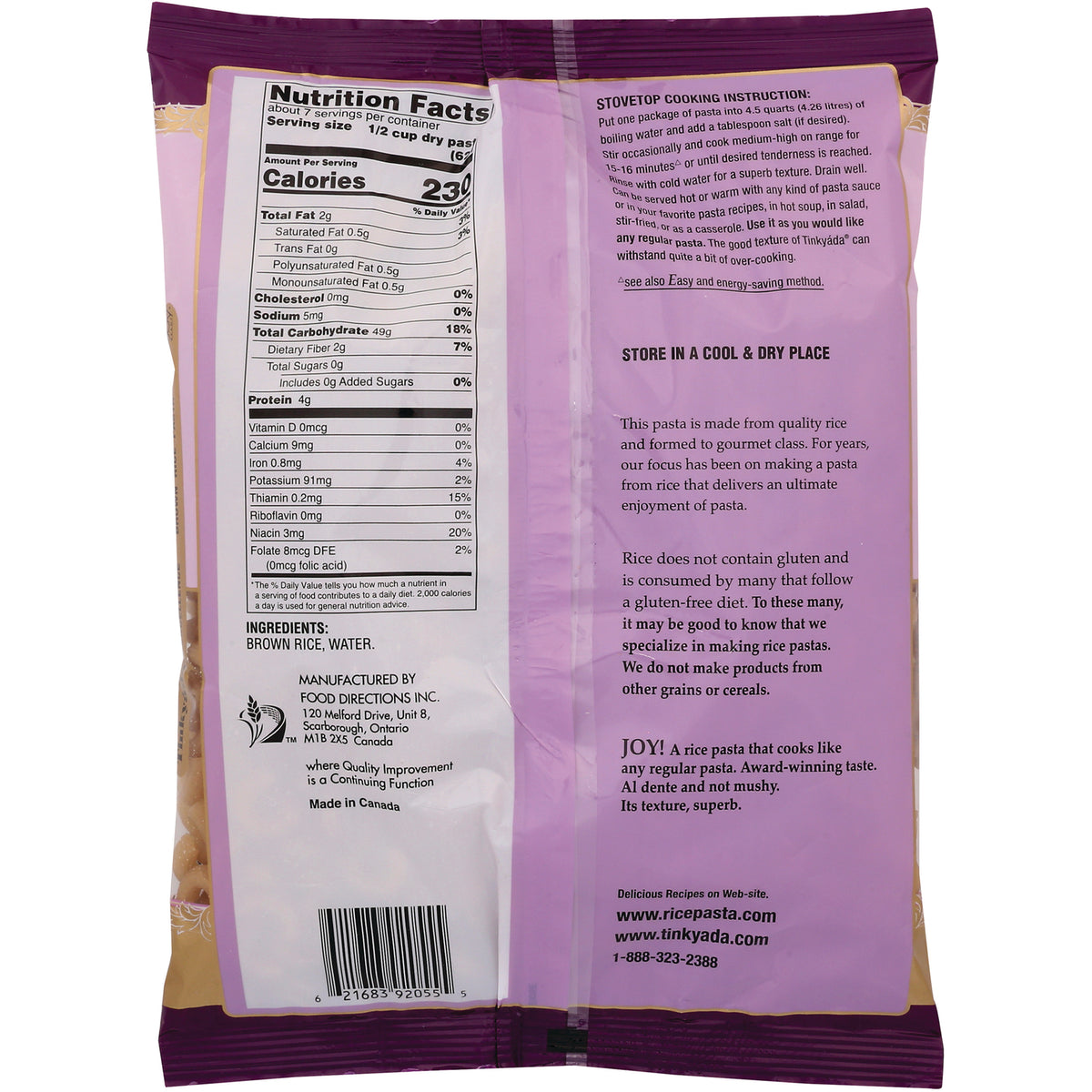 TKY004 | Back of brown rice pasta bag showing Nutrition Facts, ingredients (brown rice, water), and stovetop cooking instructions