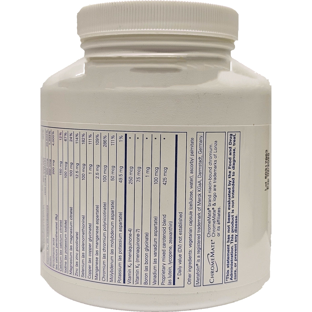 PRN006 | back label showing Supplement Facts nutrition panel and ingredients on white supplement bottle