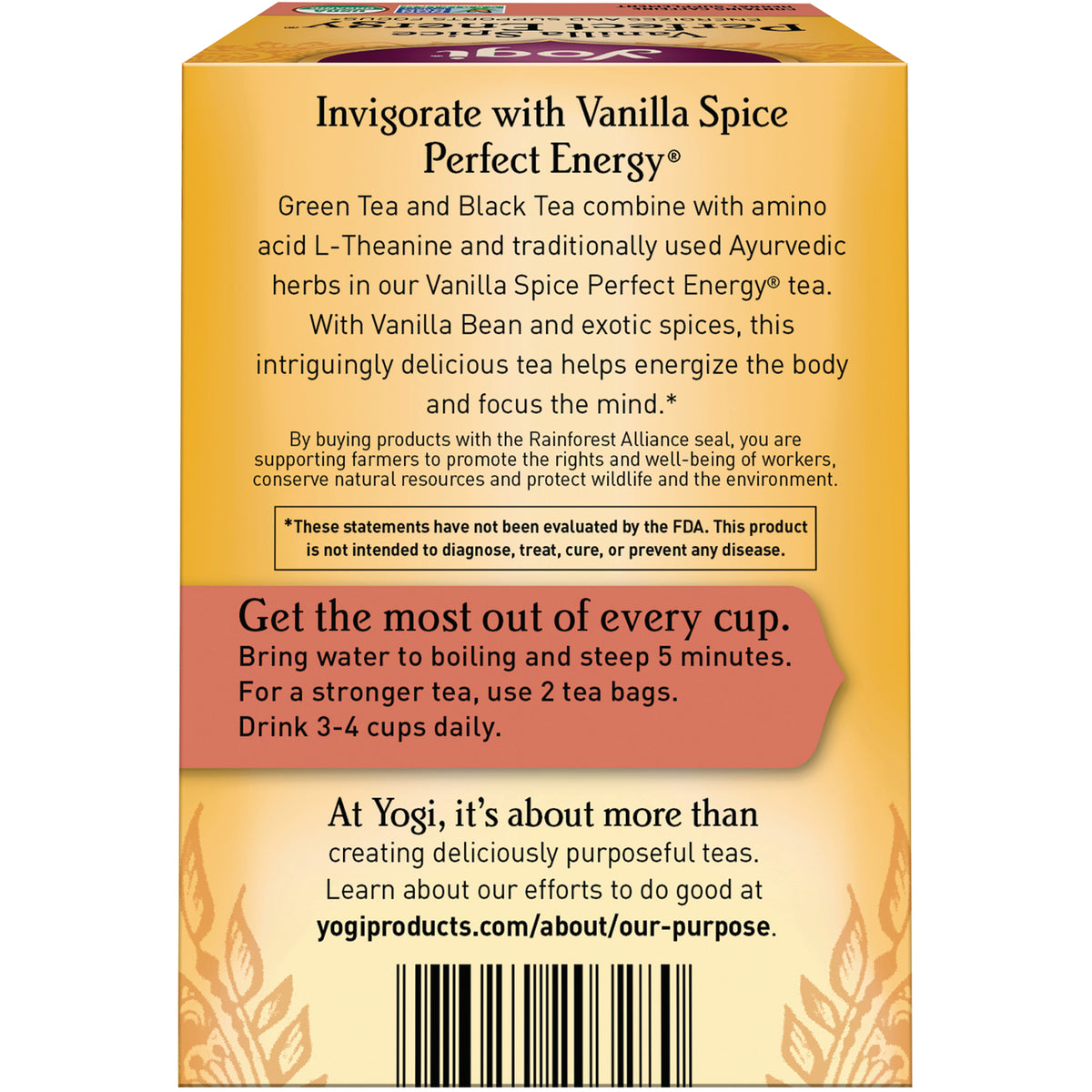 AHW053 | Back panel of Yogi Vanilla Spice tea box with description, brewing instructions 'Get the most out of every cup', and barcode