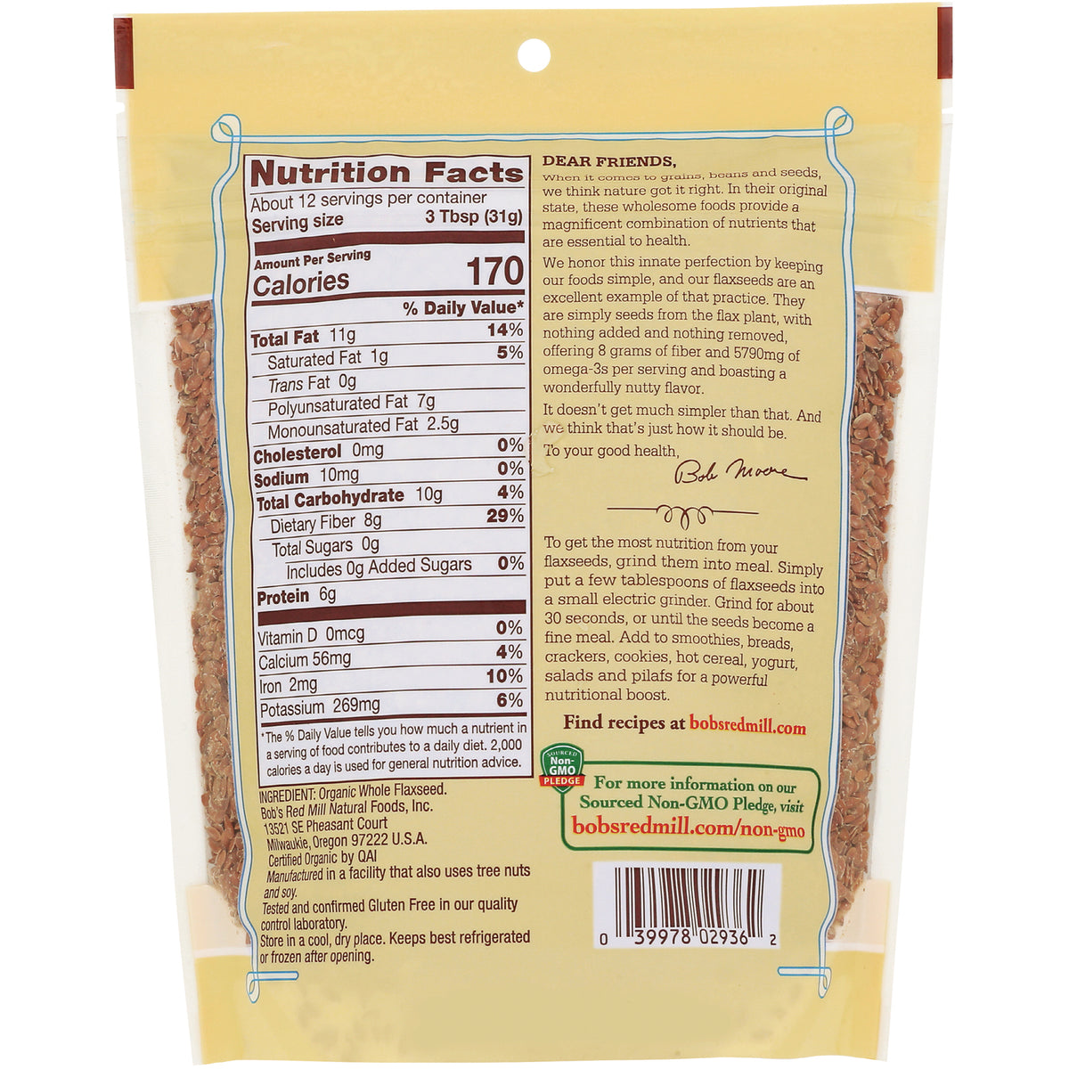 BOB266 | Nutrition facts, ingredients and company information on back of yellow resealable bag of flaxseed