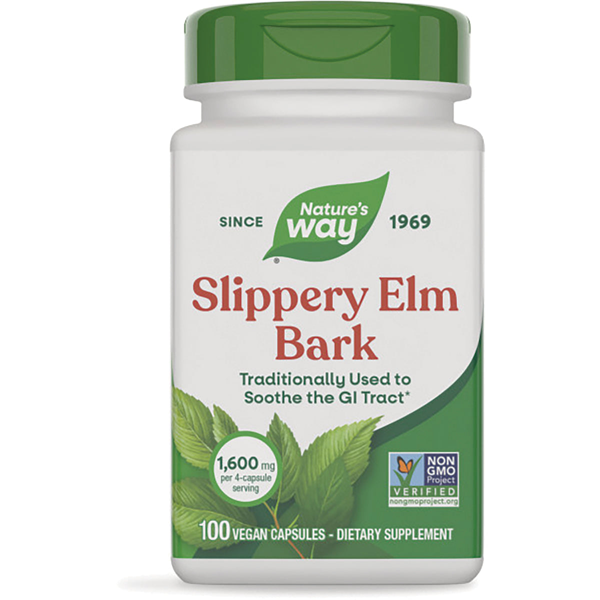 NW168 | Nature's Way Slippery Elm Bark white bottle with green cap labeled 1,600 mg and 100 vegan capsules